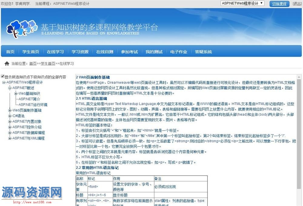 ASP.NET最新版基于知识树的多课程网络教学平台源码