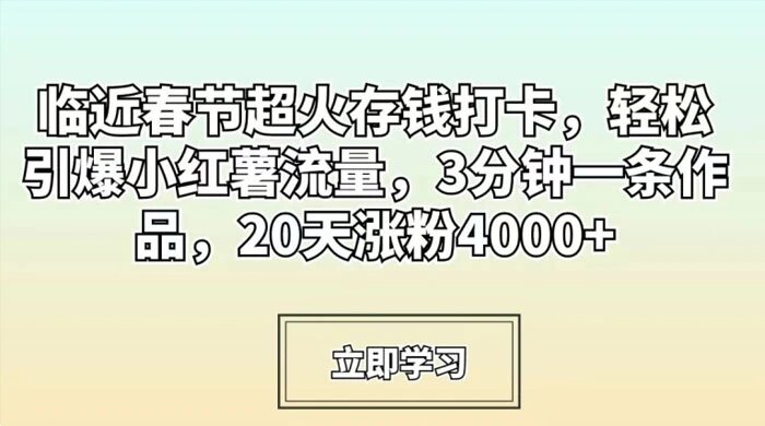 临近春节超火存钱打卡，轻松引爆小红薯流量，3 分钟一条作品，20 天涨粉 4000+ ...