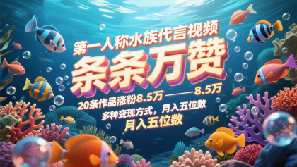 第一人称水族代言视频，条条万赞，20条作品涨粉8.5万，多种变现方式月，入五位数 ...