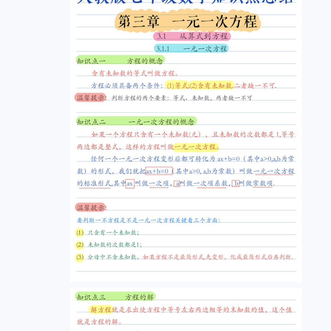 【资源】初中全年级数学知识点归纳总结彩色配图笔记