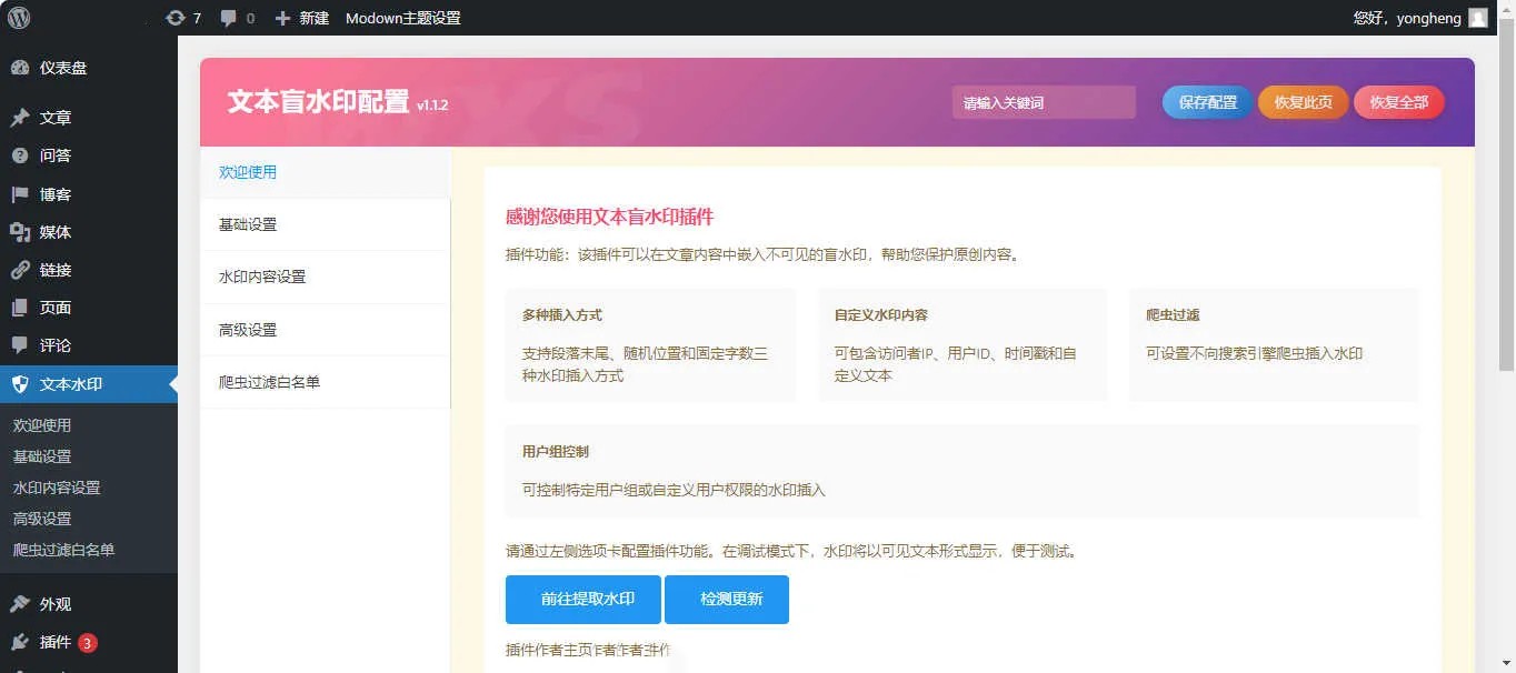 文本盲水印V1.1.2 文字版权保护插件WordPress插件