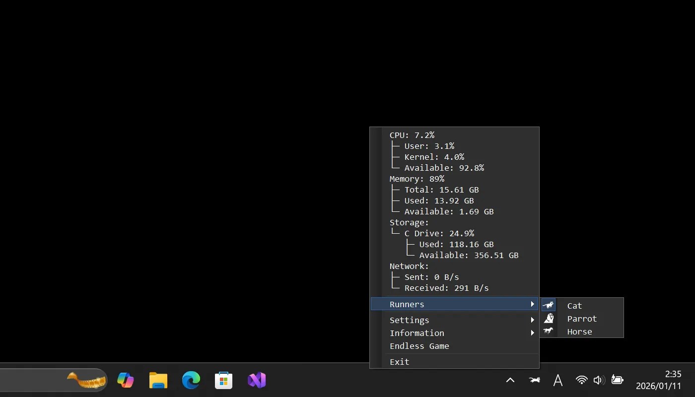 汉化RunCat365可以在Windows任务栏上可爱的猫咪奔跑动画+源码