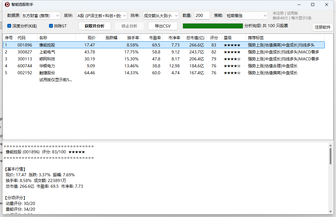 智能选股助手(StockAdvisor)-自动筛选出高评分标的并给出推荐星级和详细分析报告 ... ... ... ...