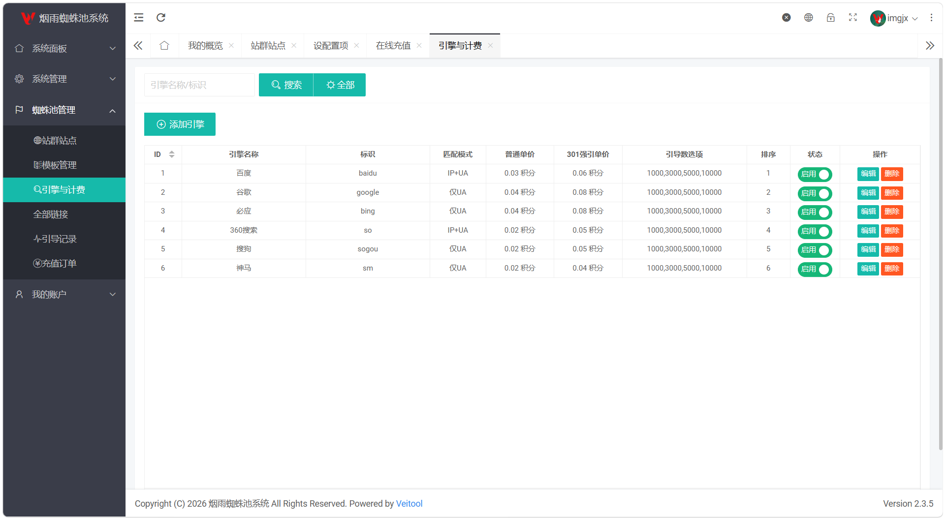 PHP多用户站群蜘蛛池/SaaS系统/积分/六大引擎计费/易支付对接